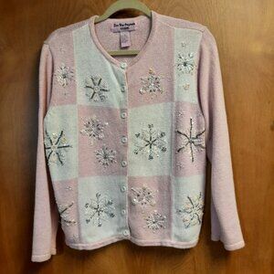 Sweater, Star Blue Originals Cardigan, Beaded Snowflakes, Long Sleeves